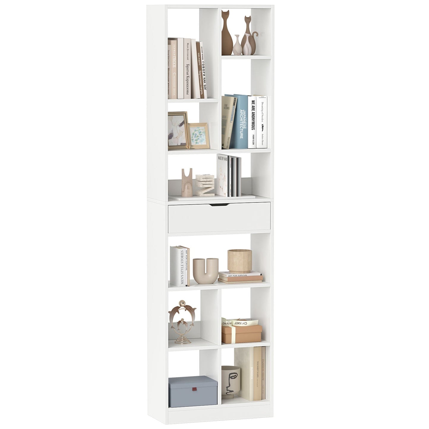 180cm Tall Bookcase with Drawer and 10 Open Cubes-White