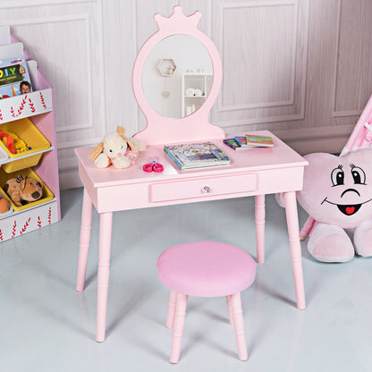 Child's Dressing Table and Cushioned Stool Set-Pink
