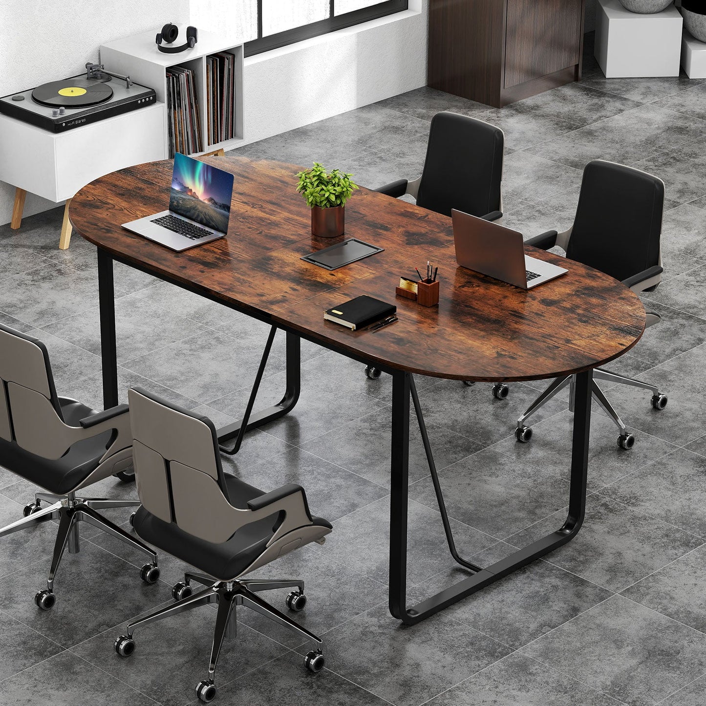 180 CM Executive Table Oval Home Office Table with Cable Management Hole-Rustic Brown