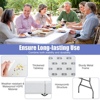 180 CM Folding Plastic Dining Table with Handle Metal Legs and Non-slip Foot Pads