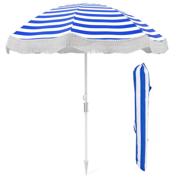 180 cm Outdoor Fringe Patio Umbrella with Carrying Bag-Blue