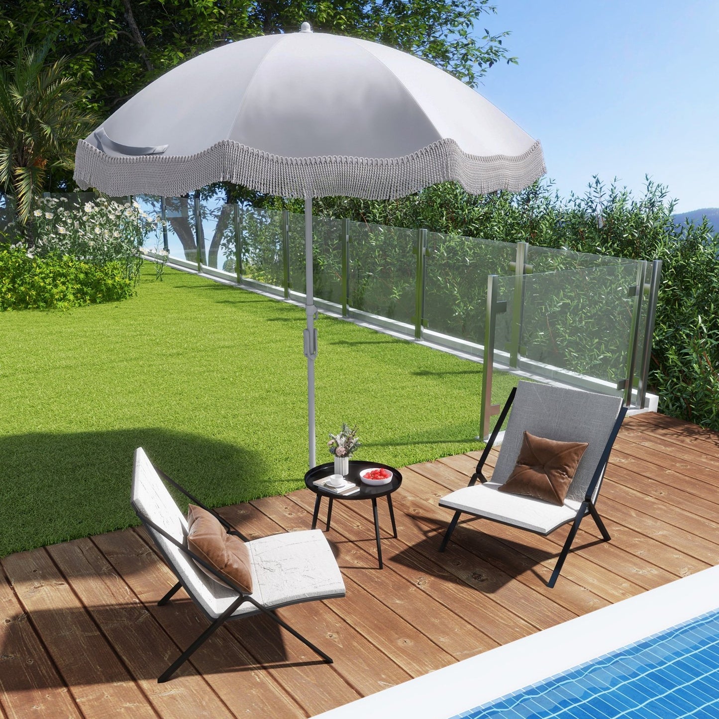 180 cm Outdoor Fringe Patio Umbrella with Carrying Bag-White
