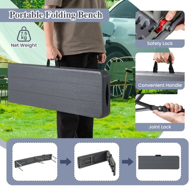 180cm Outdoor Plastic Folding Bench Portable Fold-in-Half Seat-Grey