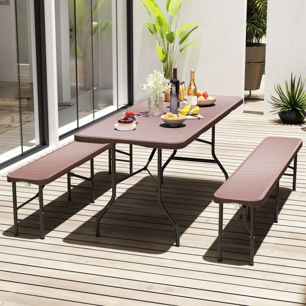 Outdoor Portable Folding Table with HDPE Rattan-Like Tabletop and Safe Lock Mechanism-Coffee
