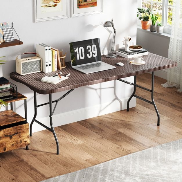 Outdoor Portable Folding Table with HDPE Rattan-Like Tabletop and Safe Lock Mechanism-Coffee