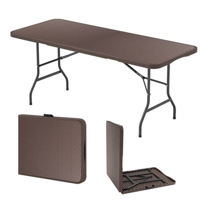 Outdoor Portable Folding Table with HDPE Rattan-Like Tabletop and Safe Lock Mechanism-Coffee