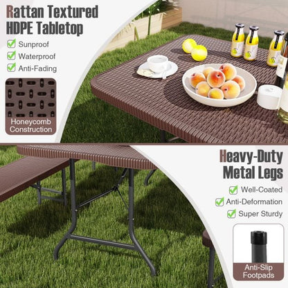 Outdoor Portable Folding Table with HDPE Rattan-Like Tabletop and Safe Lock Mechanism-Coffee