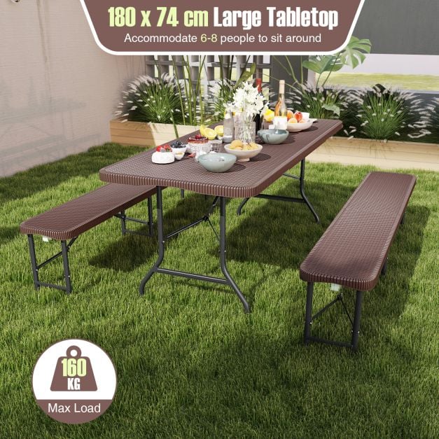 Outdoor Portable Folding Table with HDPE Rattan-Like Tabletop and Safe Lock Mechanism-Coffee