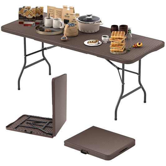 180cm Folding Table with Rattan-Like HDPE Tabletop and Safe Lock Mechanism-Coffee
