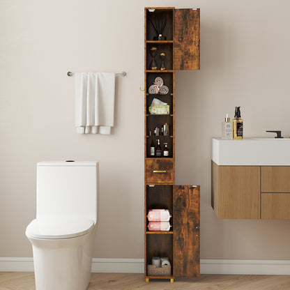 180 cm Tall Bathroom Cabinet Narrow Storage Organizer with 3 Doors and Adjustable Shelves-Rustic Brown