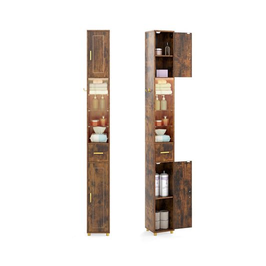 180 cm Tall Bathroom Cabinet Narrow Storage Organizer with 3 Doors and Adjustable Shelves-Rustic Brown
