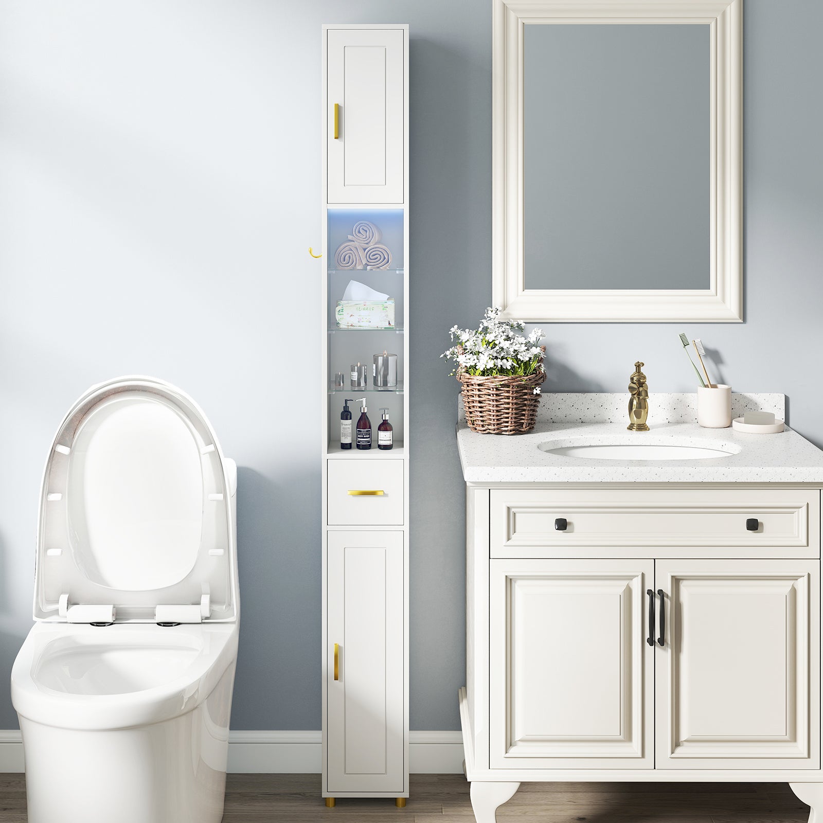 180 cm Tall Bathroom Cabinet Narrow Storage Organizer with 3 Doors and Adjustable Shelves-White