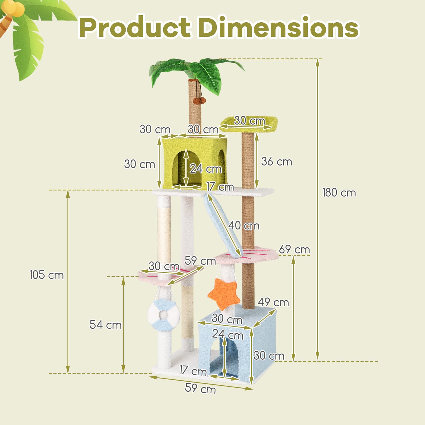 180 cm Tall Cat Tree Multi-Level Aesthetic Beach-Themed Cat Tower-Multicolor