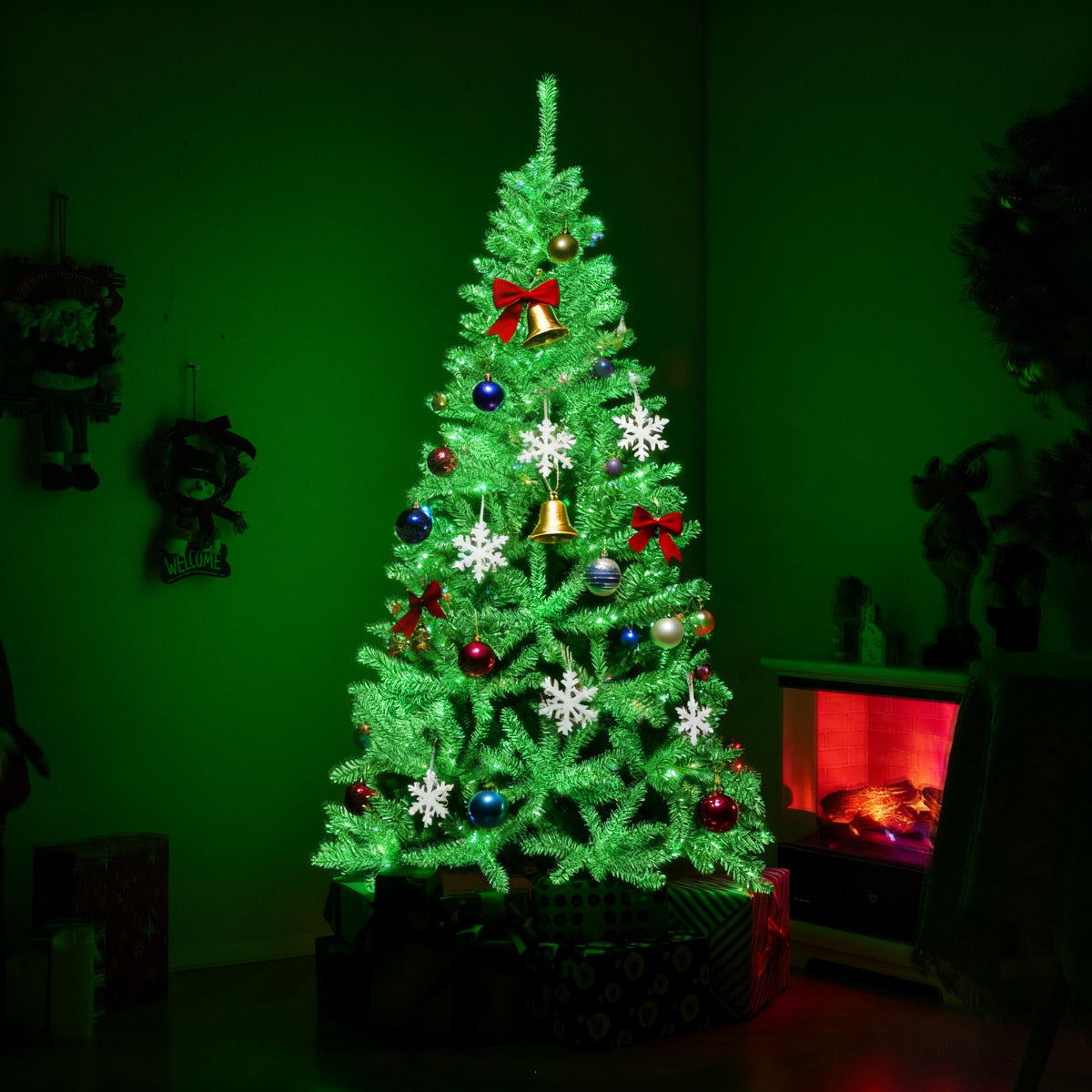180 CM Glow-in-the-dark Artificial Christmas Tree Hinged Xmas Tree with 692 Branch Tips and Foldable Metal Stand