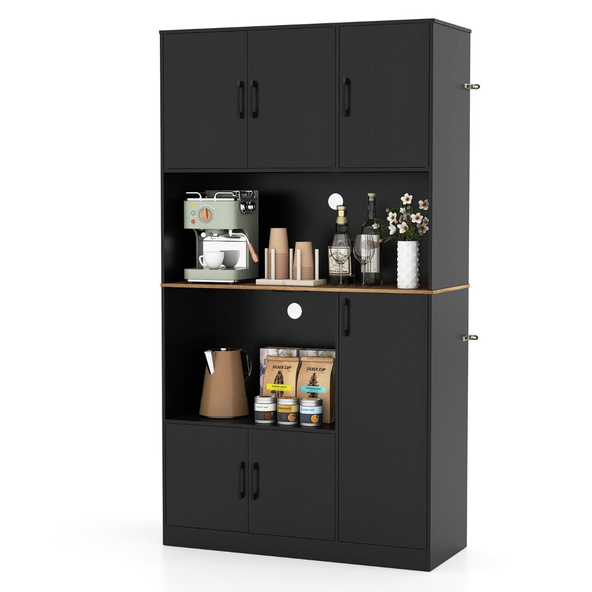 180 cm Tall Pantry Cabinet with Power Outlet and Microwave Stand-Black