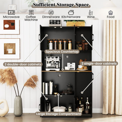180 cm Tall Pantry Cabinet with Power Outlet and Microwave Stand-Black