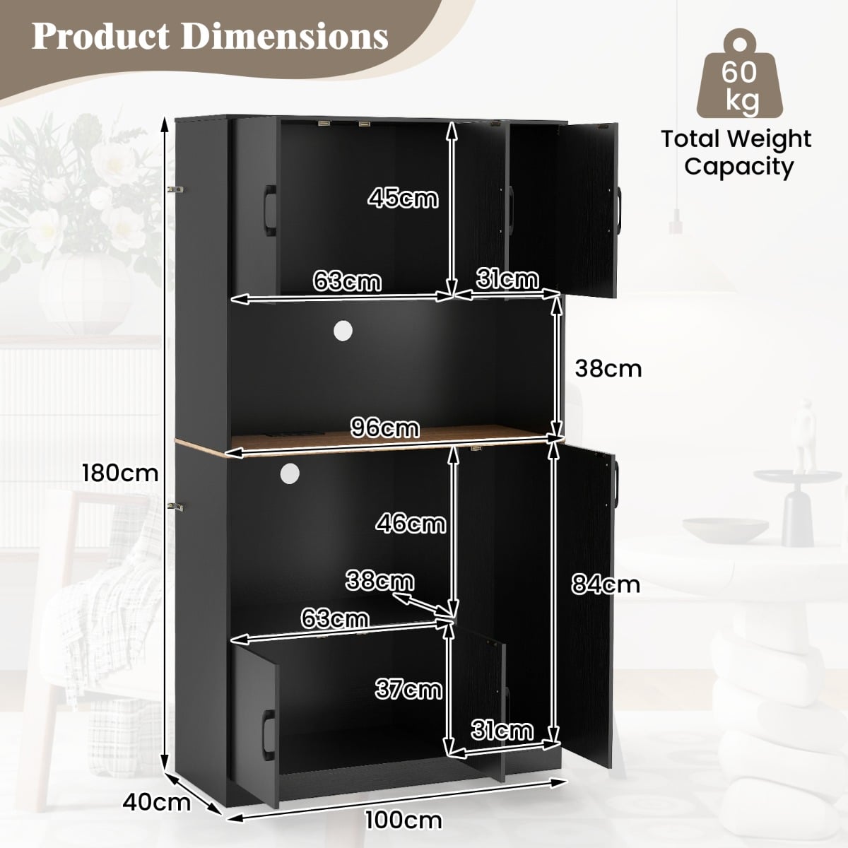 180 cm Tall Pantry Cabinet with Power Outlet and Microwave Stand-Black