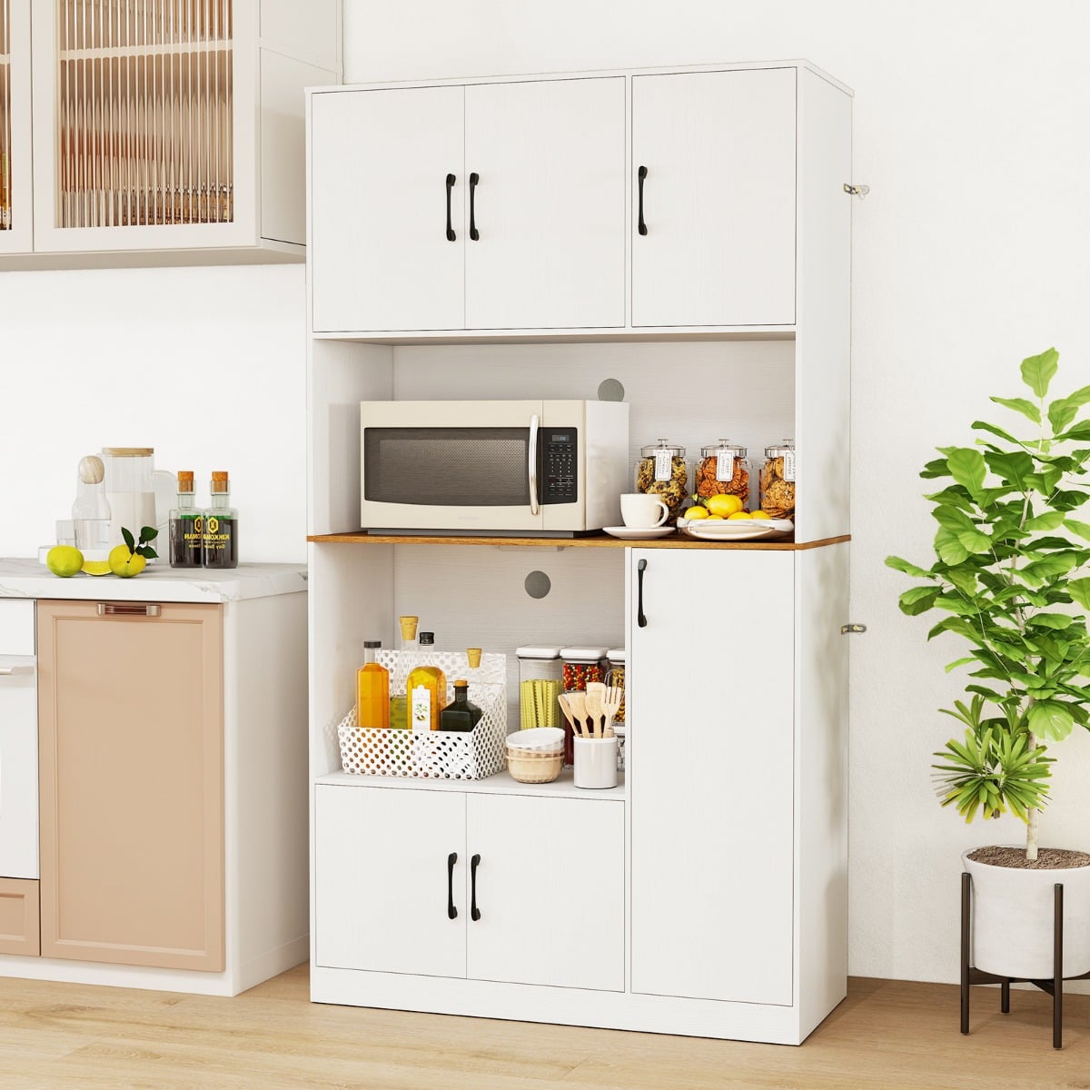 180 cm Tall Pantry Cabinet with Power Outlet and Microwave Stand-White