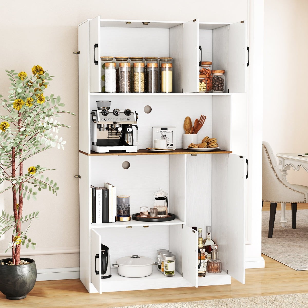 180 cm Tall Pantry Cabinet with Power Outlet and Microwave Stand-White