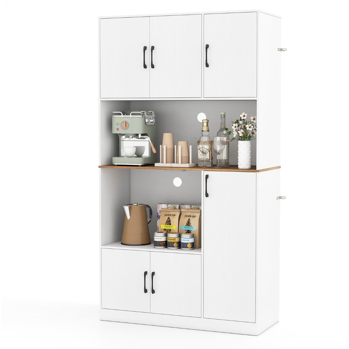180 cm Tall Pantry Cabinet with Power Outlet and Microwave Stand-White