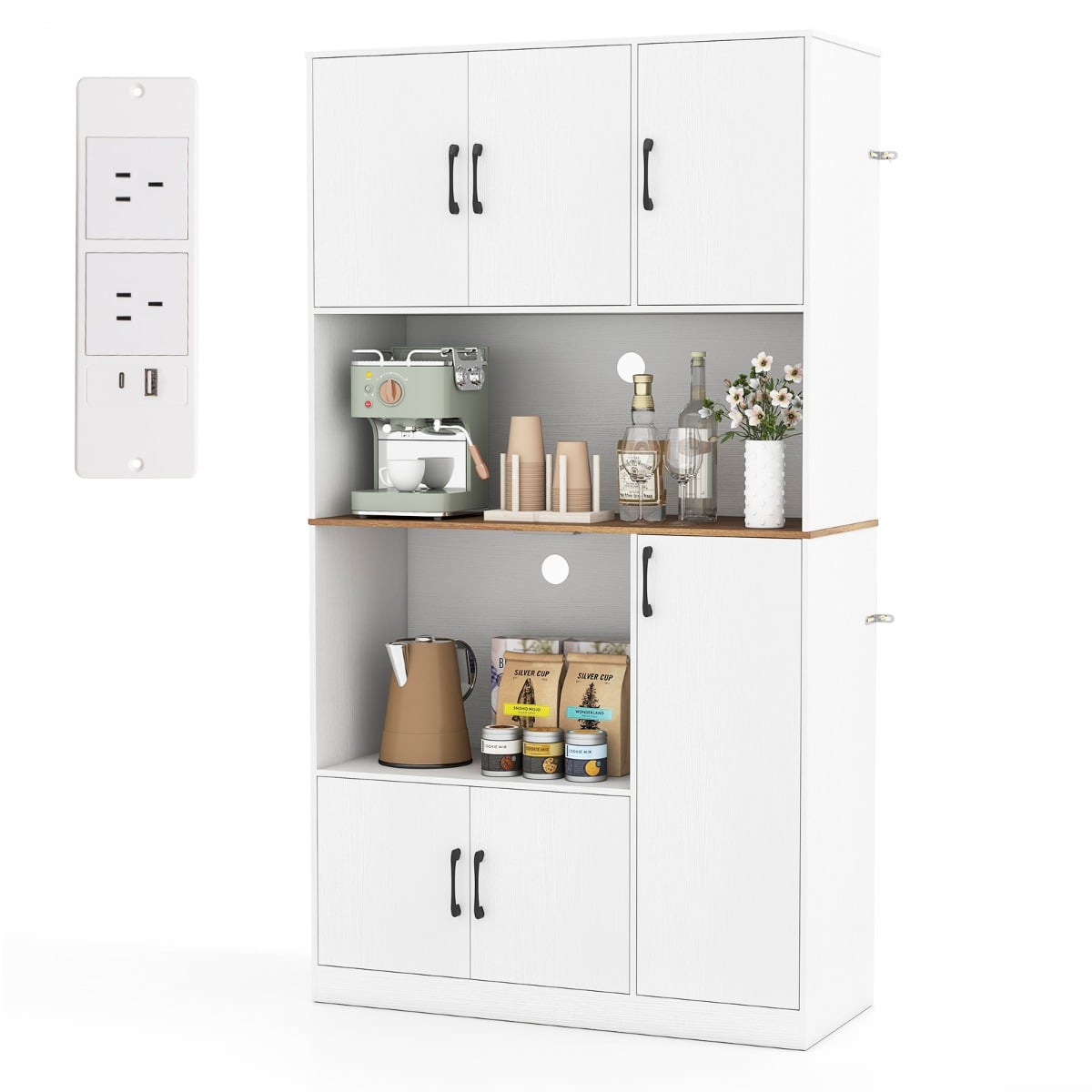 180 cm Tall Pantry Cabinet with Power Outlet and Microwave Stand-White