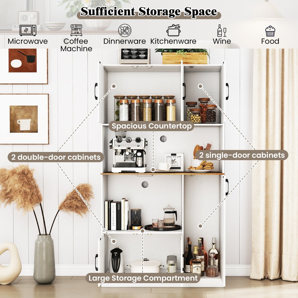 180 cm Tall Pantry Cabinet with Power Outlet and Microwave Stand-White