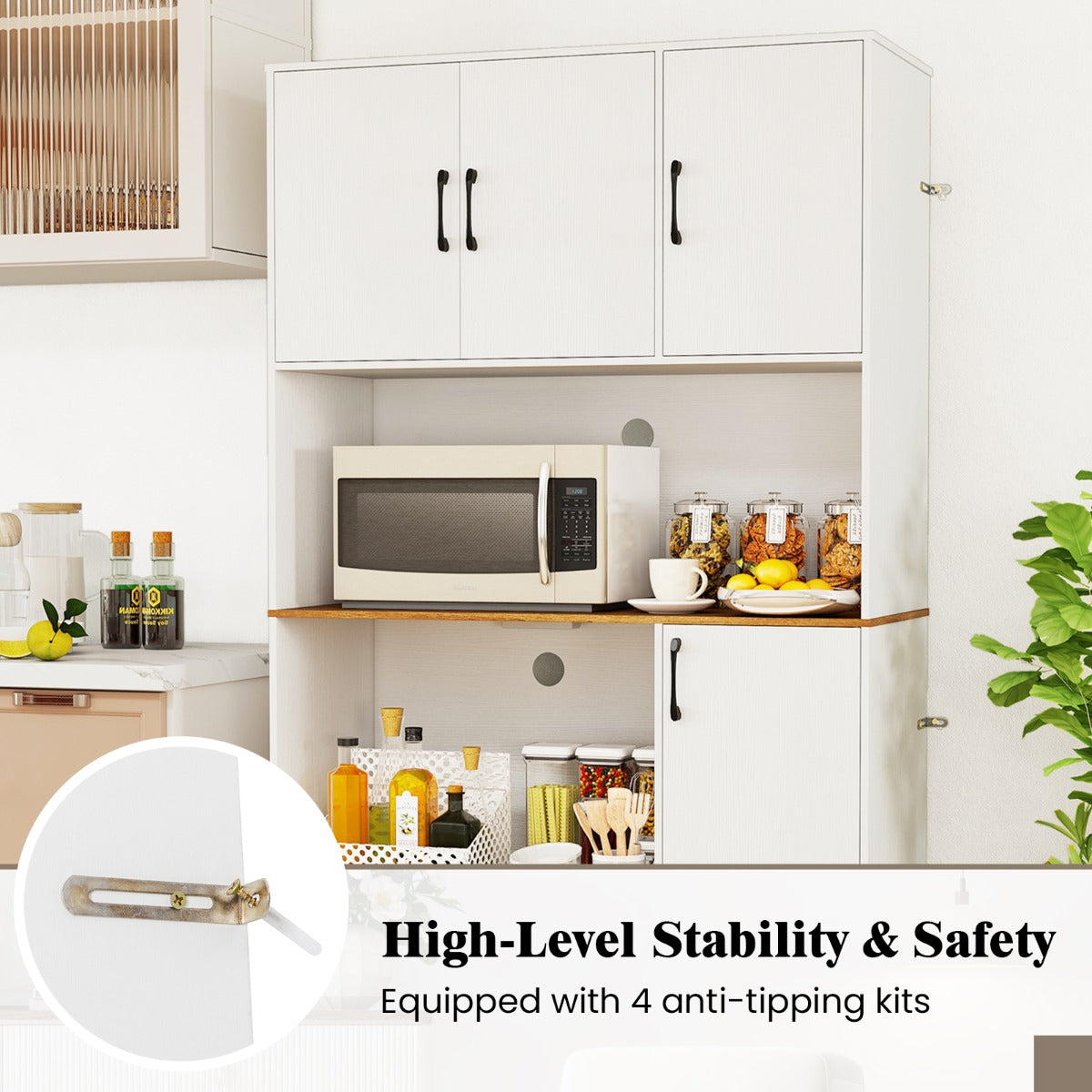 180 cm Tall Pantry Cabinet with Power Outlet and Microwave Stand-White