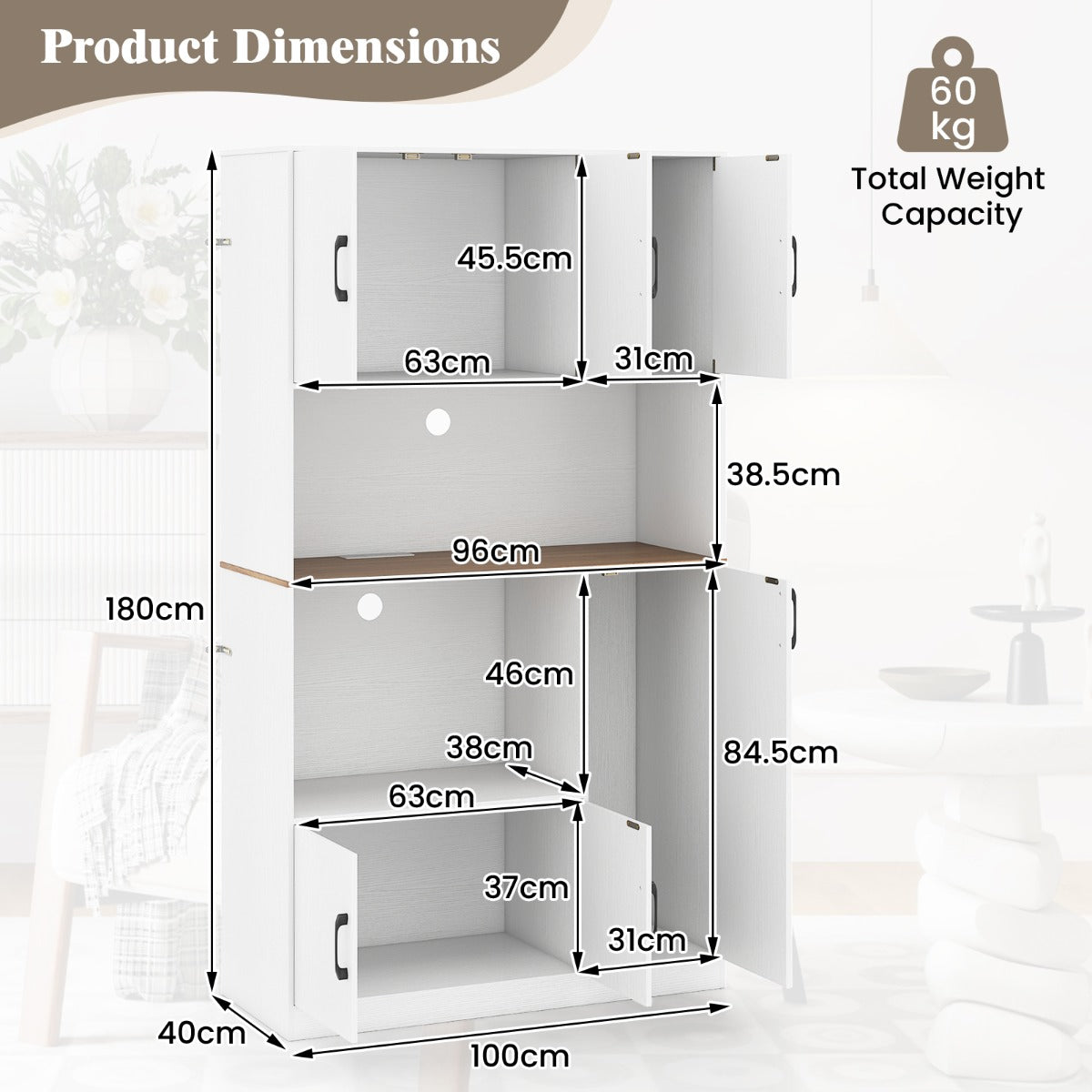 180 cm Tall Pantry Cabinet with Power Outlet and Microwave Stand-White