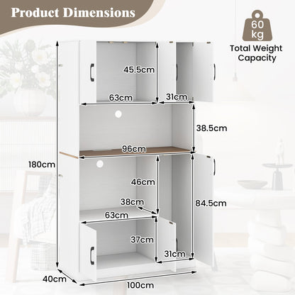 180 cm Tall Pantry Cabinet with Power Outlet and Microwave Stand-White