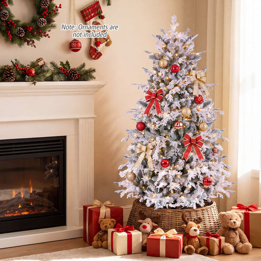 180cm Flocked Christmas Tree with Full Branch Tips LED Lights and Folding Metal Stand