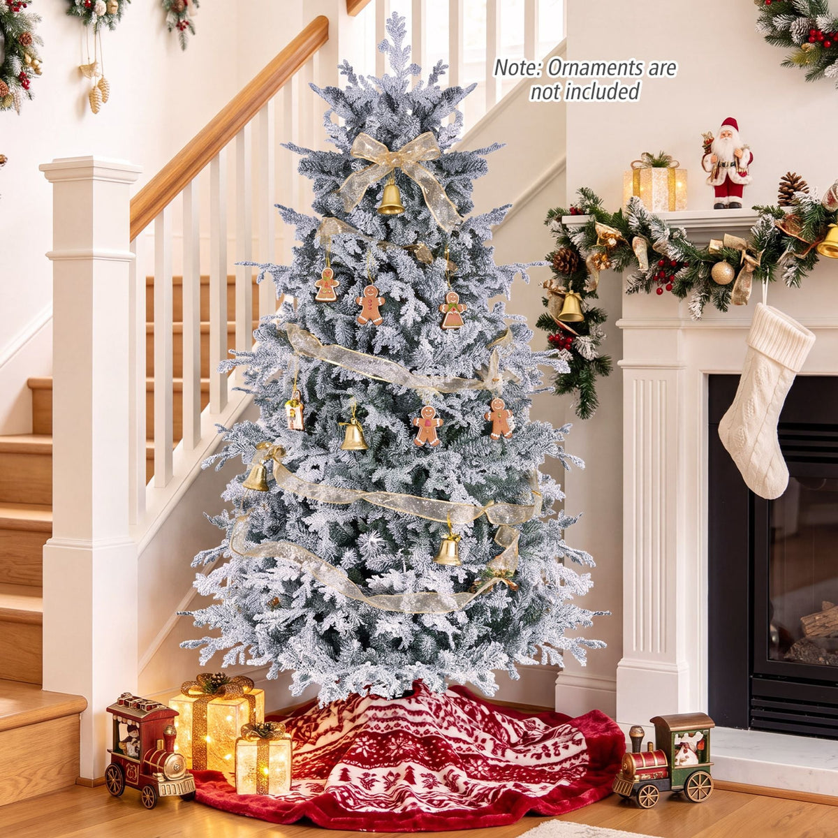 180cm Flocked Christmas Tree with Full Branch Tips LED Lights and Folding Metal Stand