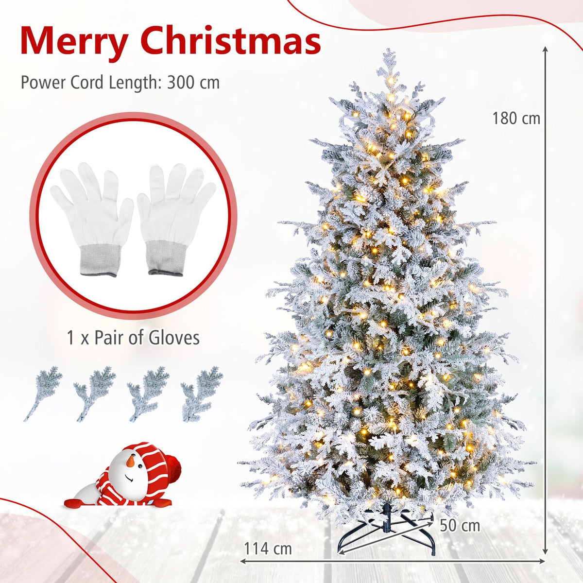 180cm Flocked Christmas Tree with Full Branch Tips LED Lights and Folding Metal Stand