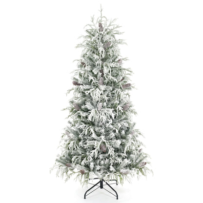 180cm Snow-Flocked Christmas Tree with Full Branch Tips and Natural Pine Cones Warm White LED Lights