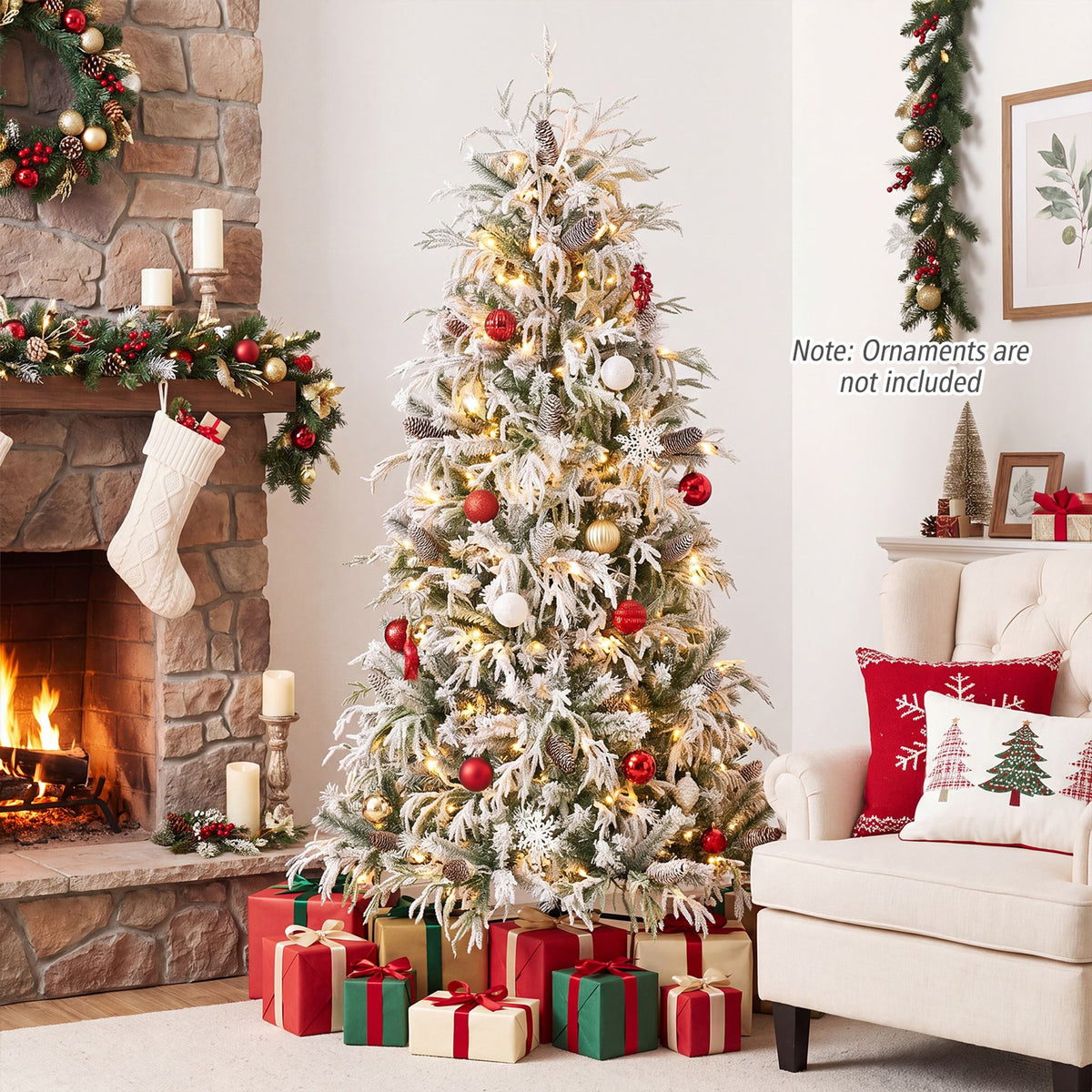 180cm Snow-Flocked Christmas Tree with Full Branch Tips and Natural Pine Cones Warm White LED Lights