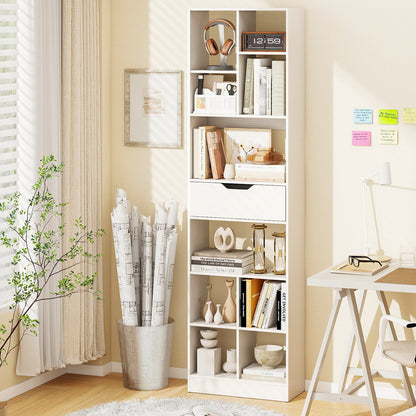 180cm Tall Bookcase with Drawer with 10 Cubesand Anti-tipping Kits for Living Room-White