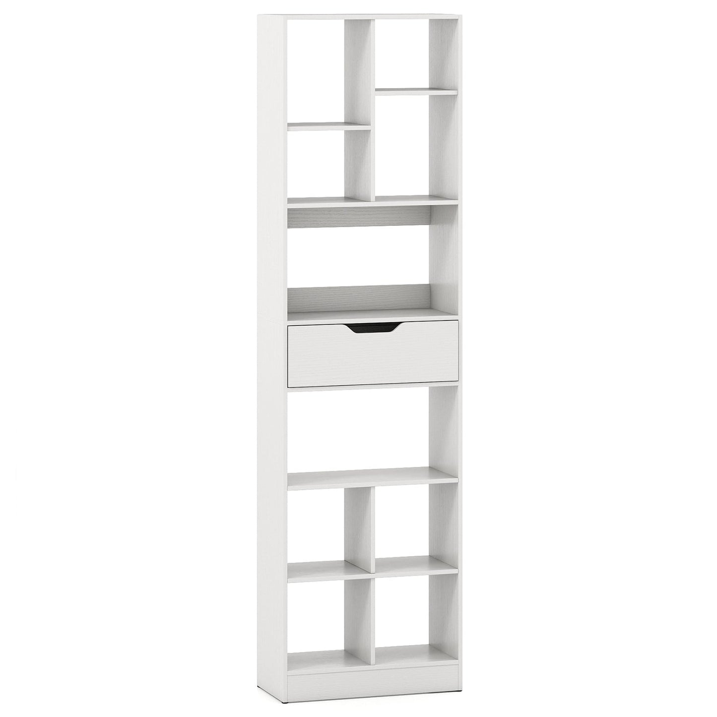 180cm Tall Bookcase with Drawer with 10 Cubesand Anti-tipping Kits for Living Room-White