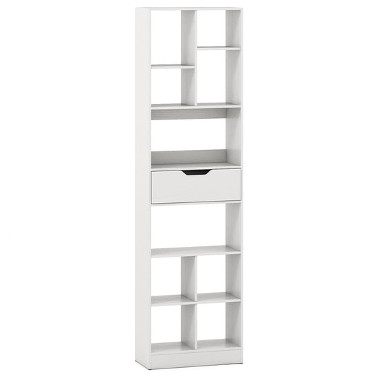 180cm Tall Bookcase with Drawer with 10 Cubesand Anti-tipping Kits for Living Room-White