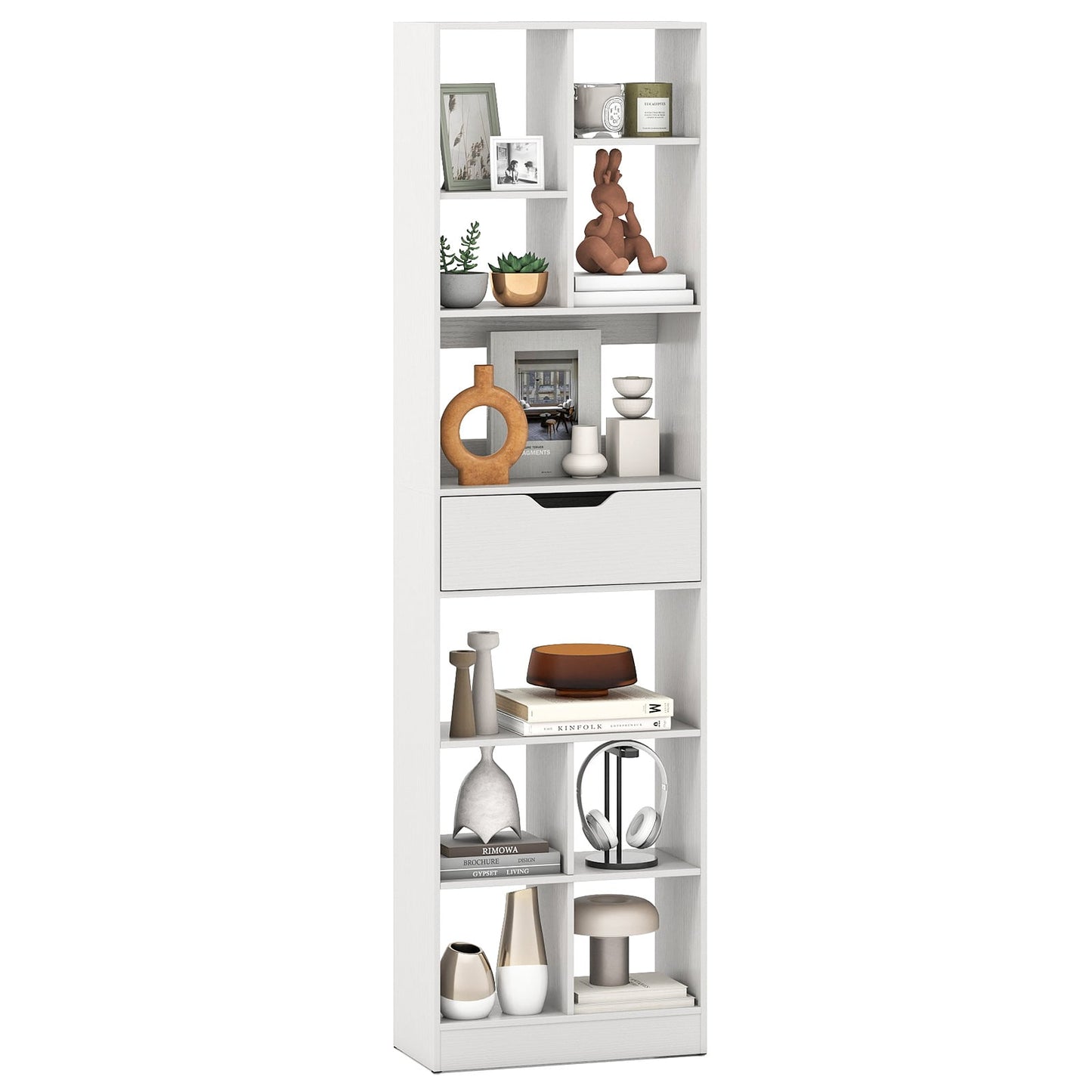 180cm Tall Bookcase with Drawer with 10 Cubesand Anti-tipping Kits for Living Room-White