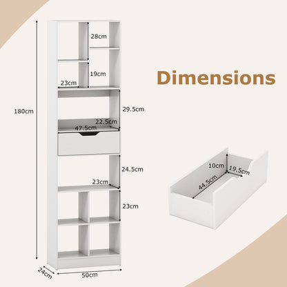 180cm Tall Bookcase with Drawer with 10 Cubesand Anti-tipping Kits for Living Room-White