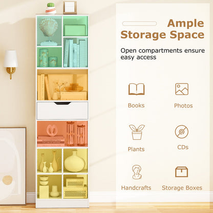 180cm Tall Bookcase with Drawer with 10 Cubesand Anti-tipping Kits for Living Room-White