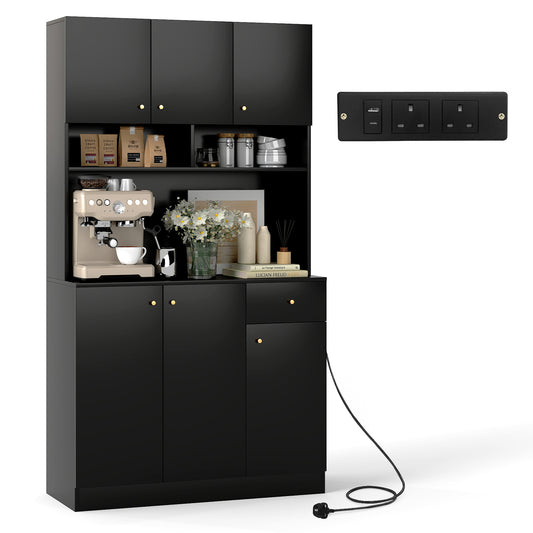 180cm Tall Pantry Cabinet with Outlets and Anti-Tipping Kits-Black