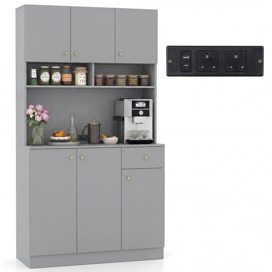 180cm Tall Pantry Cabinet with Outlets and Anti-Tipping Kits in Grey
