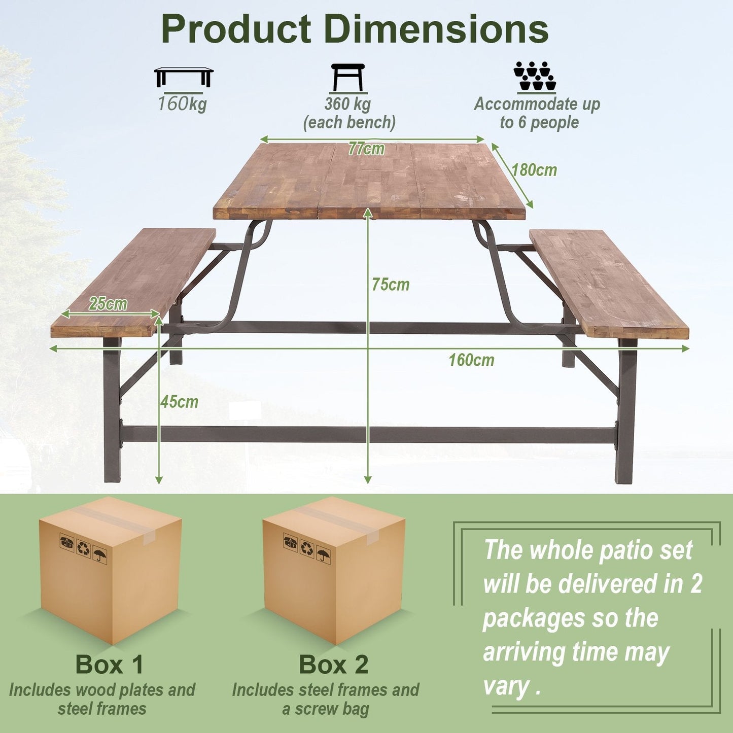 180cm Patio Picnic Table Bench Set with Acacia Wood Tabletop and Seat