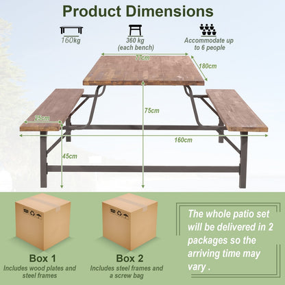 180cm Patio Picnic Table Bench Set with Acacia Wood Tabletop and Seat