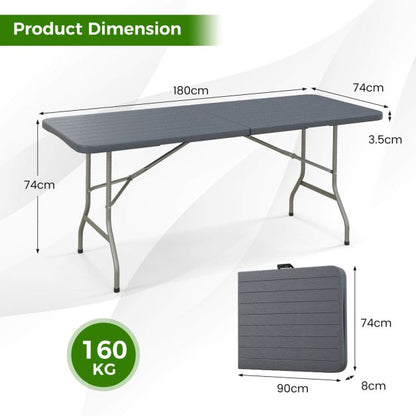 180cm Outdoor Portable Folding Table with Wood Tabletop-Grey