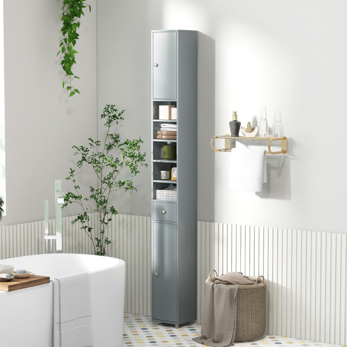 180CM Tall Freestanding Bathroom Cabinet with 2 Doors and 1 Drawer-Grey