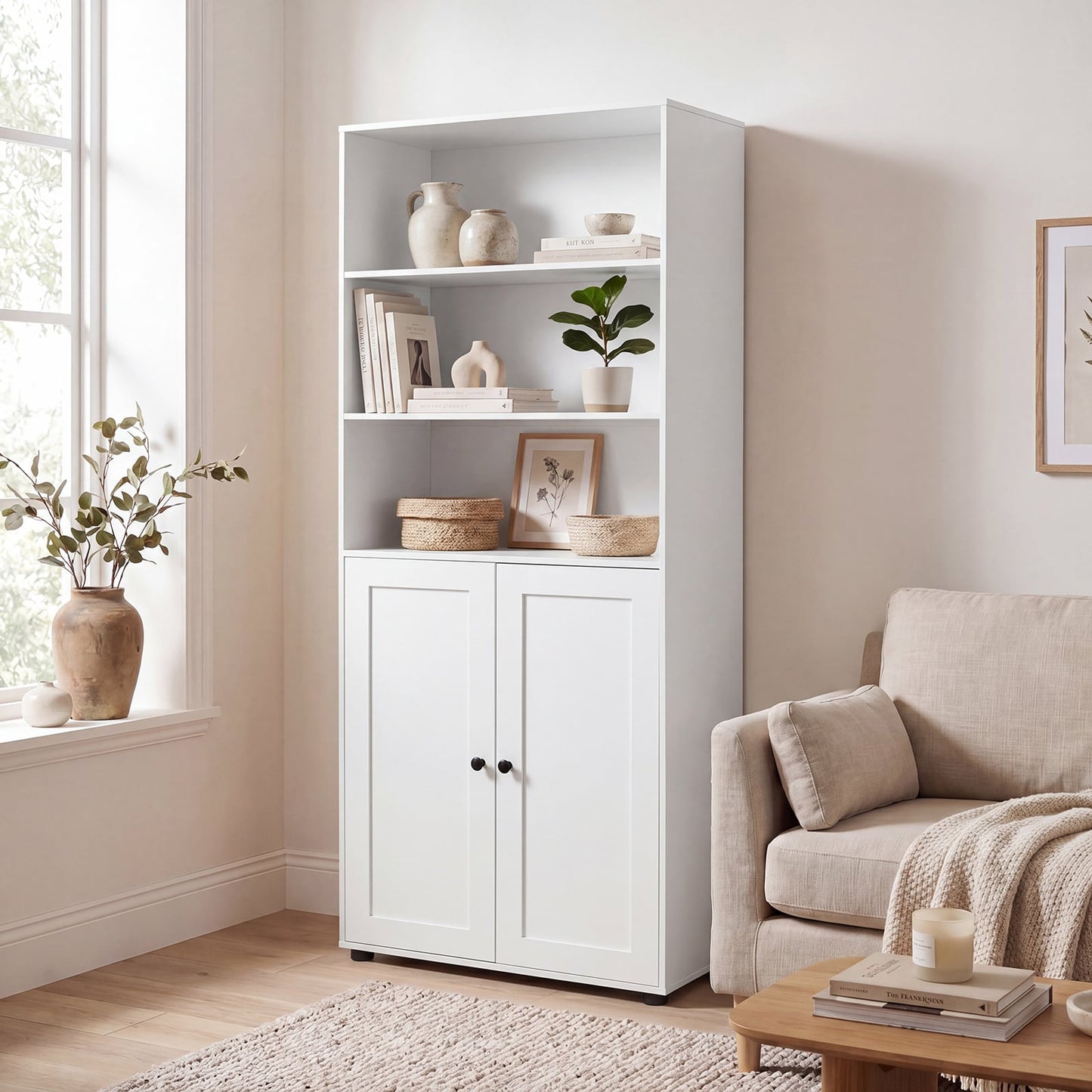 181 CM Tall Bookcase with 3 Shelves and Adjustable Shelf for Home Office-White