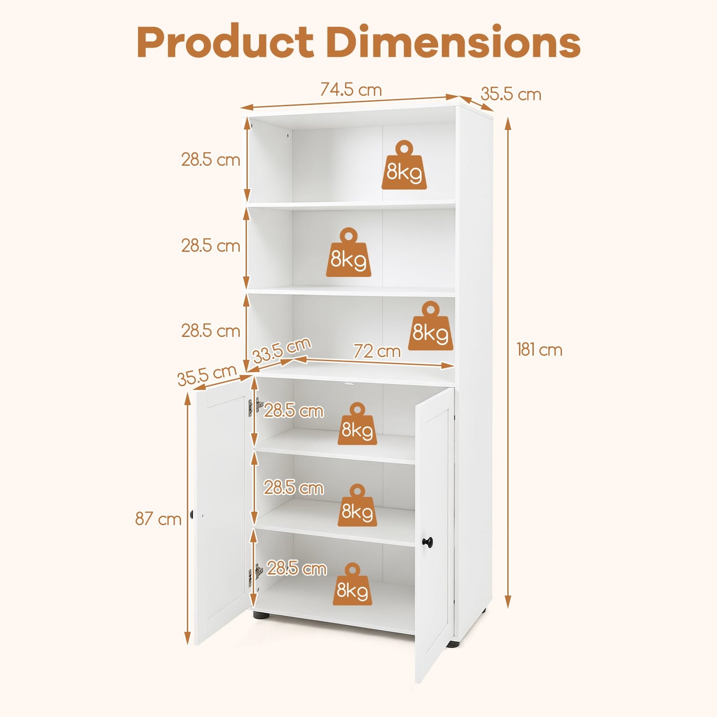 181 CM Tall Bookcase with 3 Shelves and Adjustable Shelf for Home Office-White