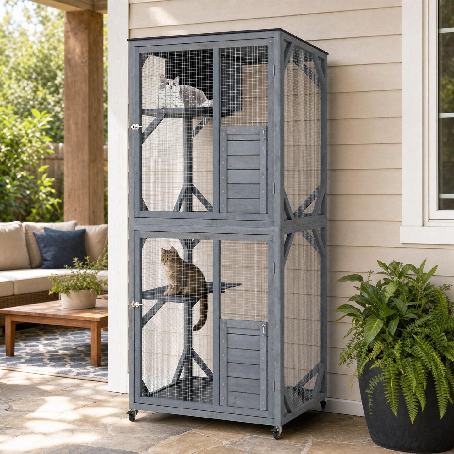 182.5 cm Large Outdoor Cat Enclosure on Wheels with 3 Platforms and Condo-Grey