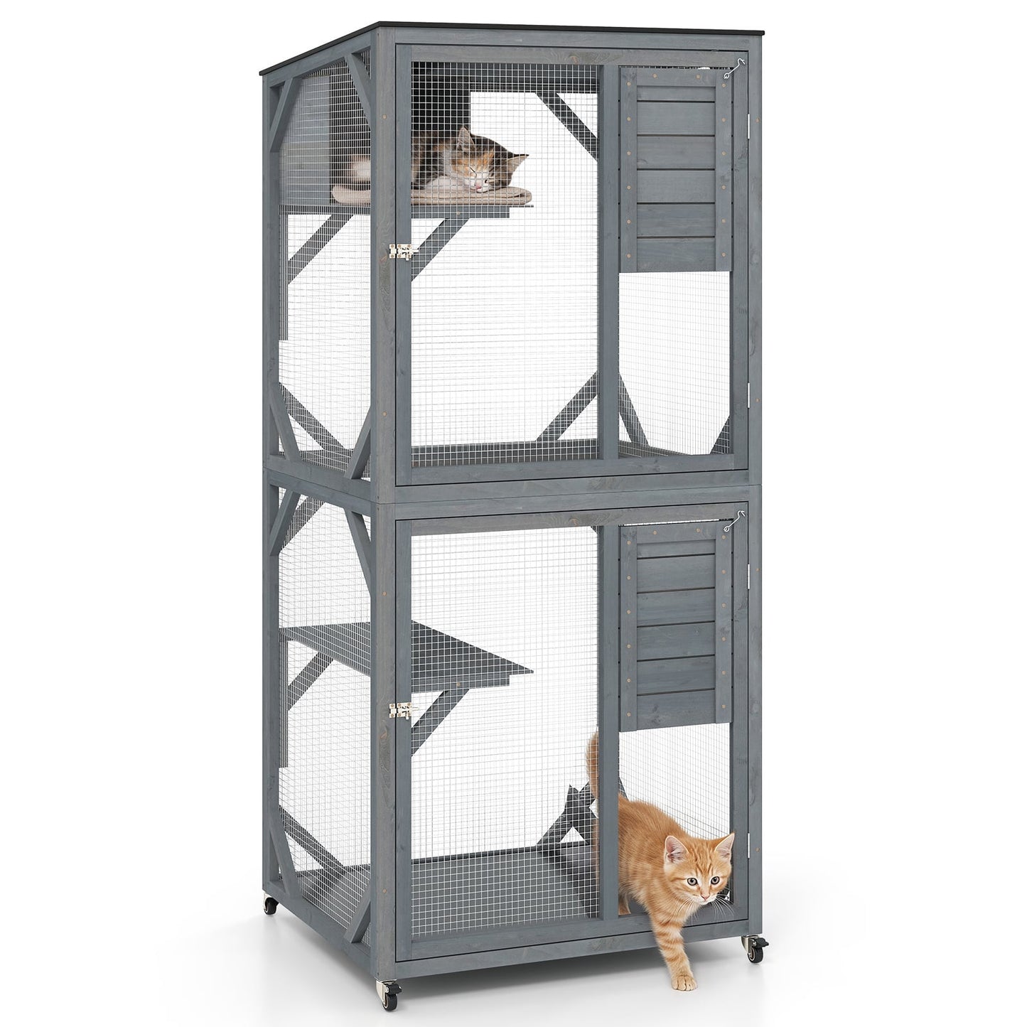182.5 cm Large Outdoor Cat Enclosure on Wheels with 3 Platforms and Condo-Grey